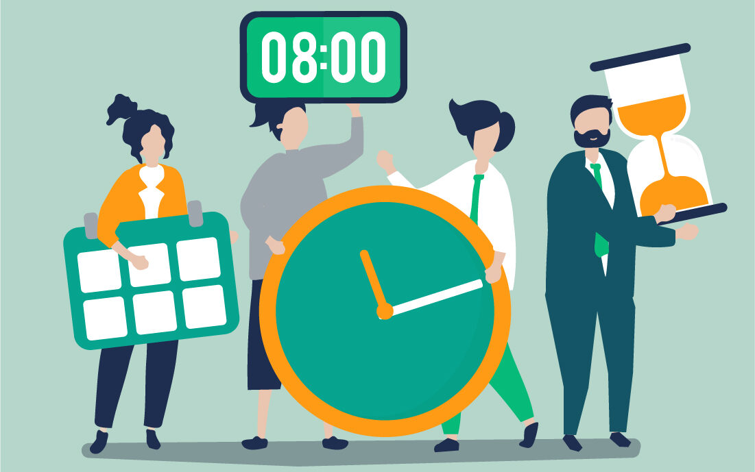 People with different items related to time